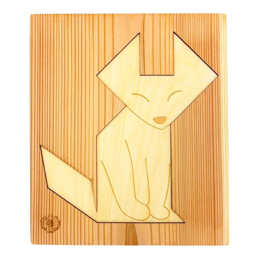 ヒノキのタングラム パズル土台(単品) きつね